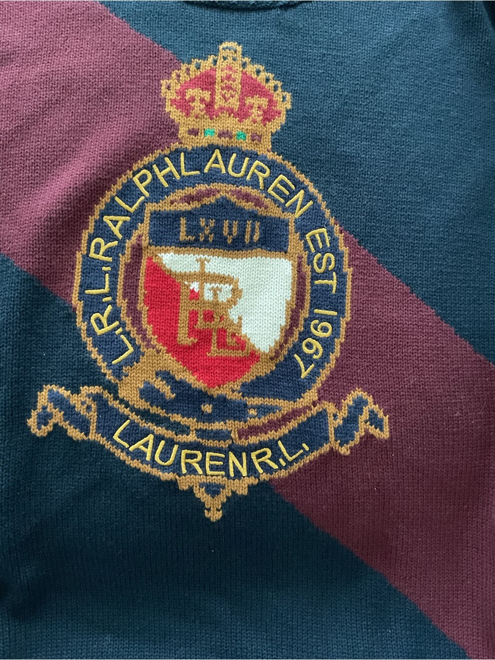Ralph Lauren Navy Crewneck Sweater with Burgundy Diagonal Stripe & Crest - Picture 4 of 13